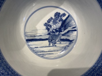 An imperial Chinese blue and white 'rice production' bowl, Kangxi mark and of the period